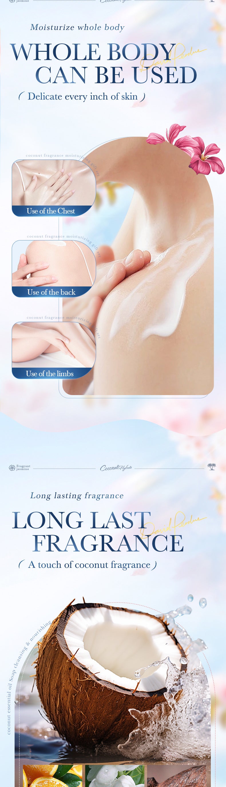 Full English Coconut Fragrance Luxury Care Gift Box SADOER Hydrating Body Lotion Hand Cream Lip Balm  Wholesale