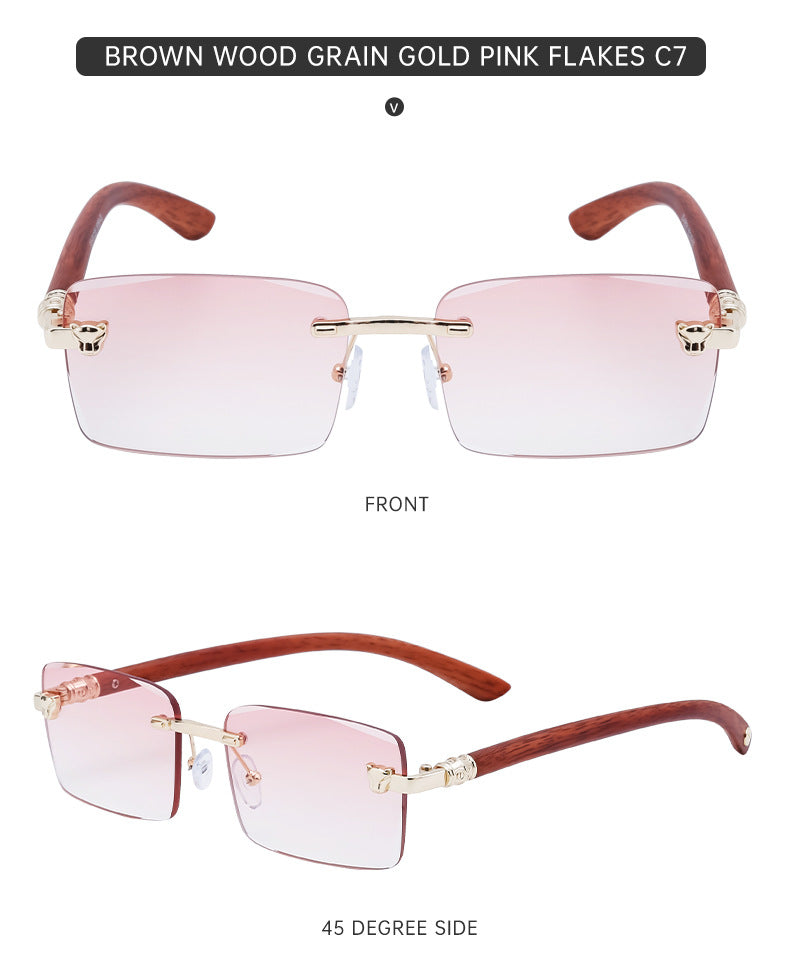 European and American Retro Frameless Sunglasses for Men with Imitation Wood Grain Temples, Men's Mountaineering Glasses shades