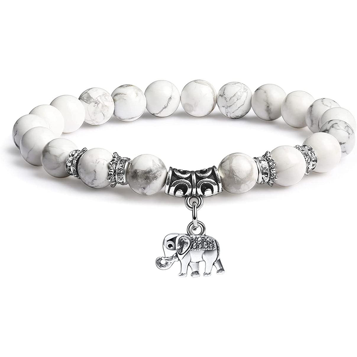 Men's White Pine Bracelet8mm Bead Spacer Tiger Eye Stone Blue Dot Natural Black Agate Elephant Pendant Bracelet