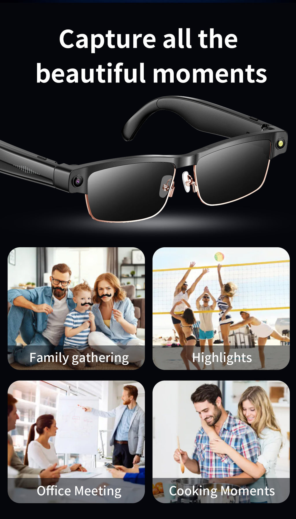 L802Smart Glasses800100 Megapixel Camera with Image Stabilization1200P Video Recording Half Frame Color Changing Sunglasses Translation
