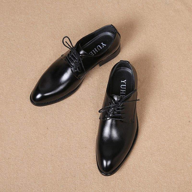 Pointed Toe Lace-Up Business Formal Leather Shoes for Men Korean Version British Style Casual Shoes with Hidden Wedge Versatile Youth Trendy Men's Shoes