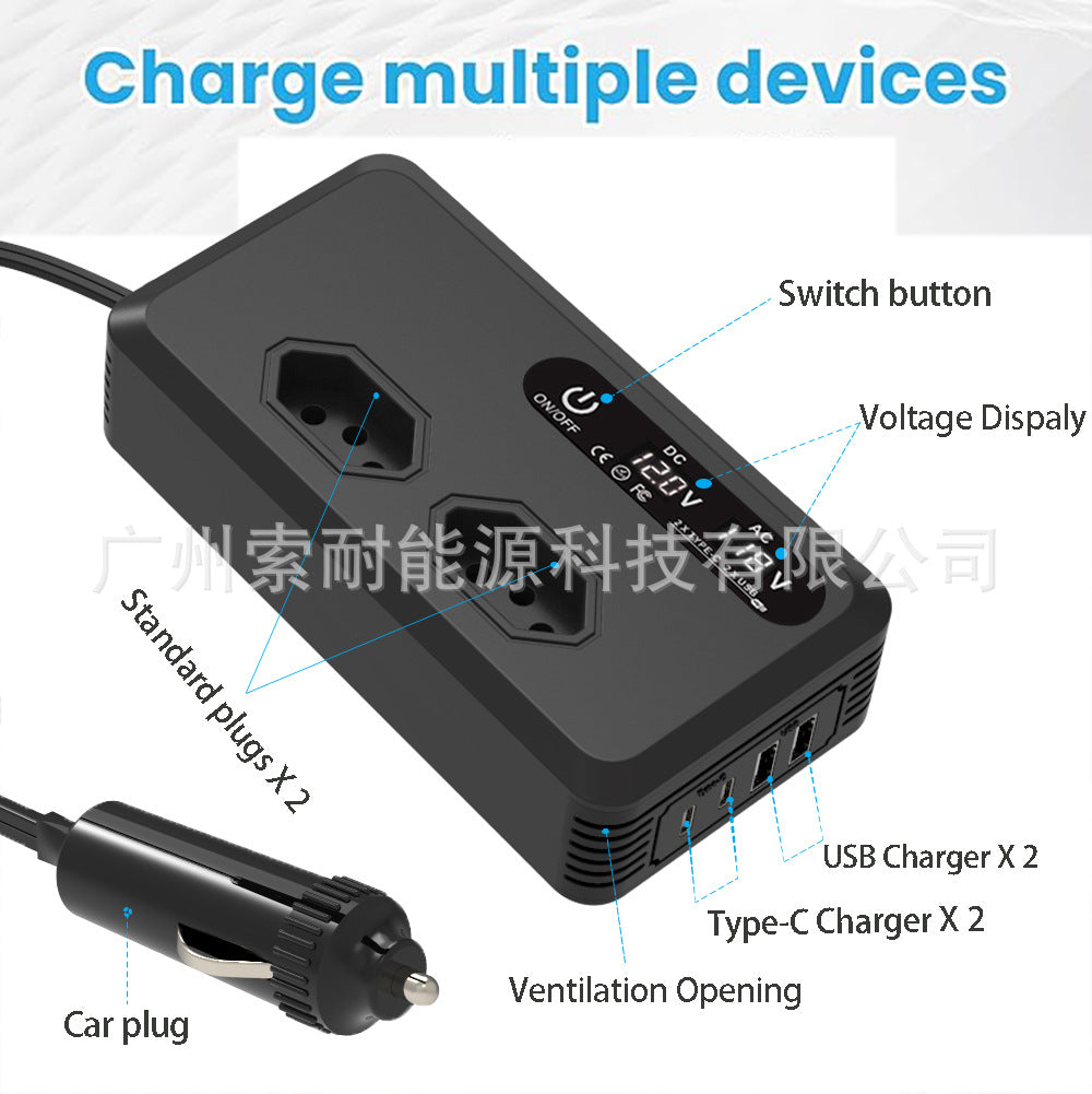 Brazilian standard socket car inverter200W Hot Sale12V Turn110V/220V Double USB Double Type-C