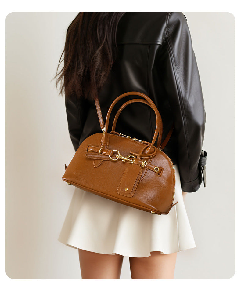 Miaojia Same Style European and American Retro Handbag Female Sense Top Layer Cowhide Crossbody Shell Bag Niche Boston Bag