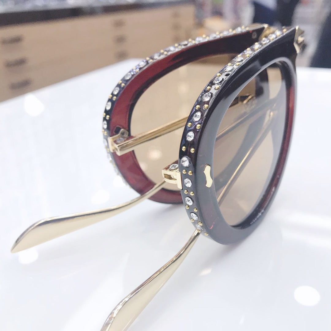Diamond-Encrusted Foldable Sunglasses for Women Fashionable Internet Celebrity Style Sunglasses Artistic Bare-Faced Glasses Toad Glasses sunglasse