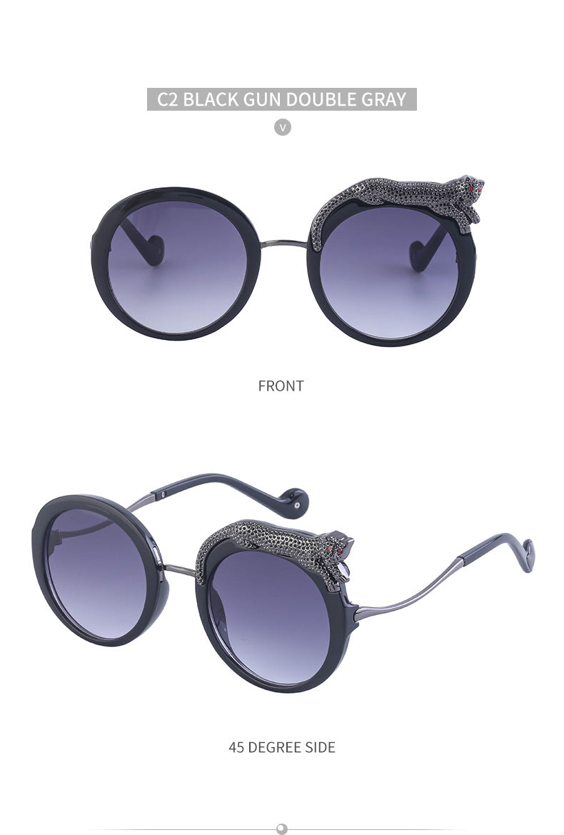 2025New Anti-Blue Light Glasses for Women Leopard Head Diamond-Studded European and American Round Frame Sunglasses Trendy Large Frame Sunglasses High-End Feel