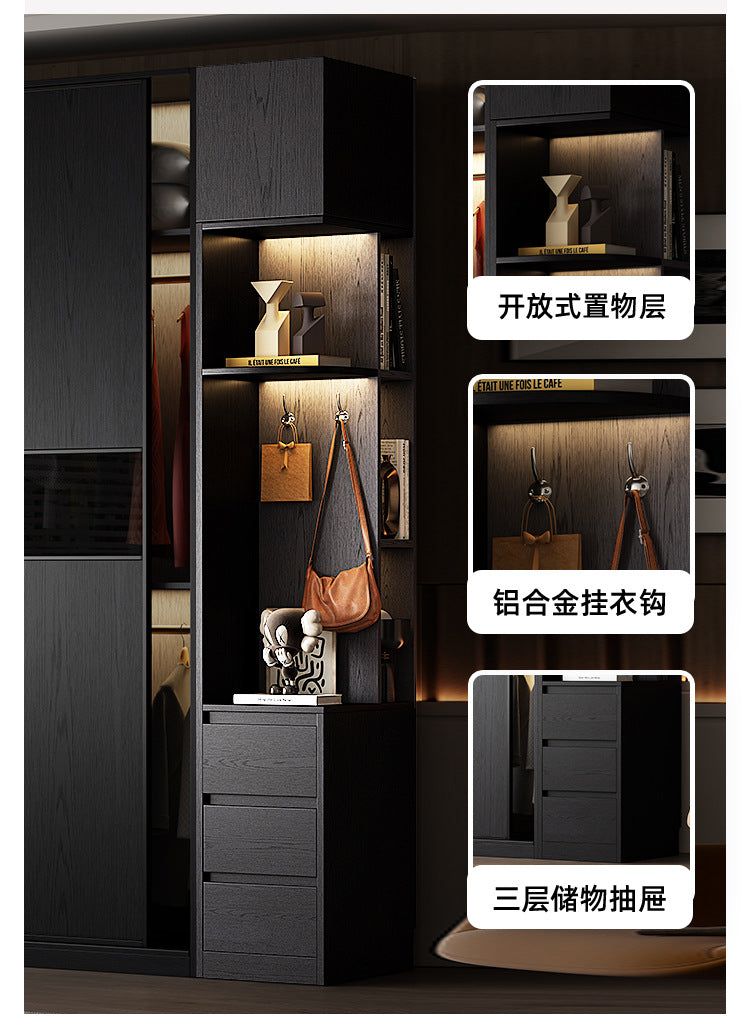 Solid Wood Sliding Door Bedroom Wardrobe Italian Minimalist Black Glass Door Modern Simple High-Grade Oak Storage Closet