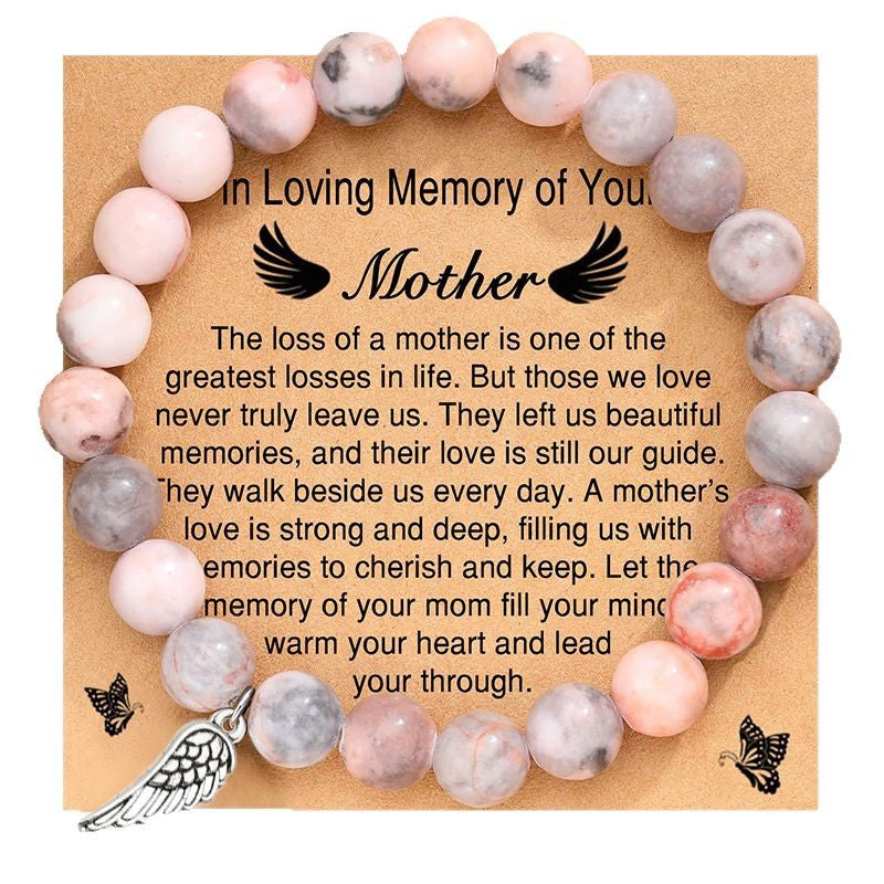 Angel Feather Wings Bracelet Pink Zebra8mm Beaded Bracelet with Card for Remembrance of Mother