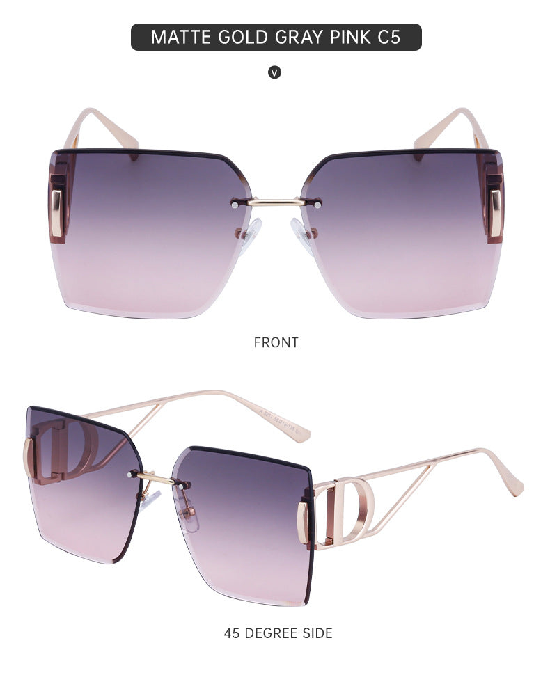 New European and American Fashion Diamond Cut Edge Rimless Sunglasses for Women Trendy Hollow Temple Large Frame Sunglasses Women's Glasses