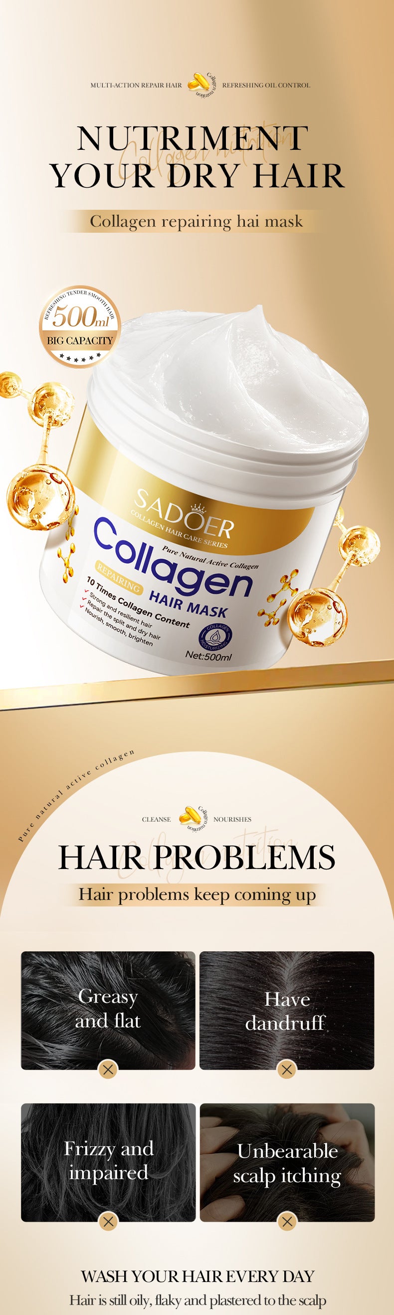 Full English Collagen Smooth Hair Mask500ml SADOER Nourishing and Fluffy Hair Conditioner  Wholesale