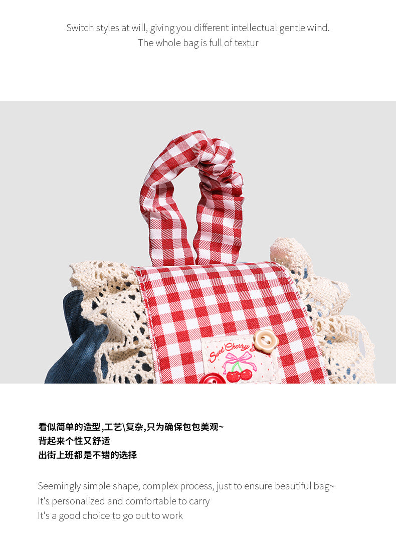 Lace trim denim backpack for women2025New Trendy Fashion Plaid Lace Backpack Handbag Shoulder Bag