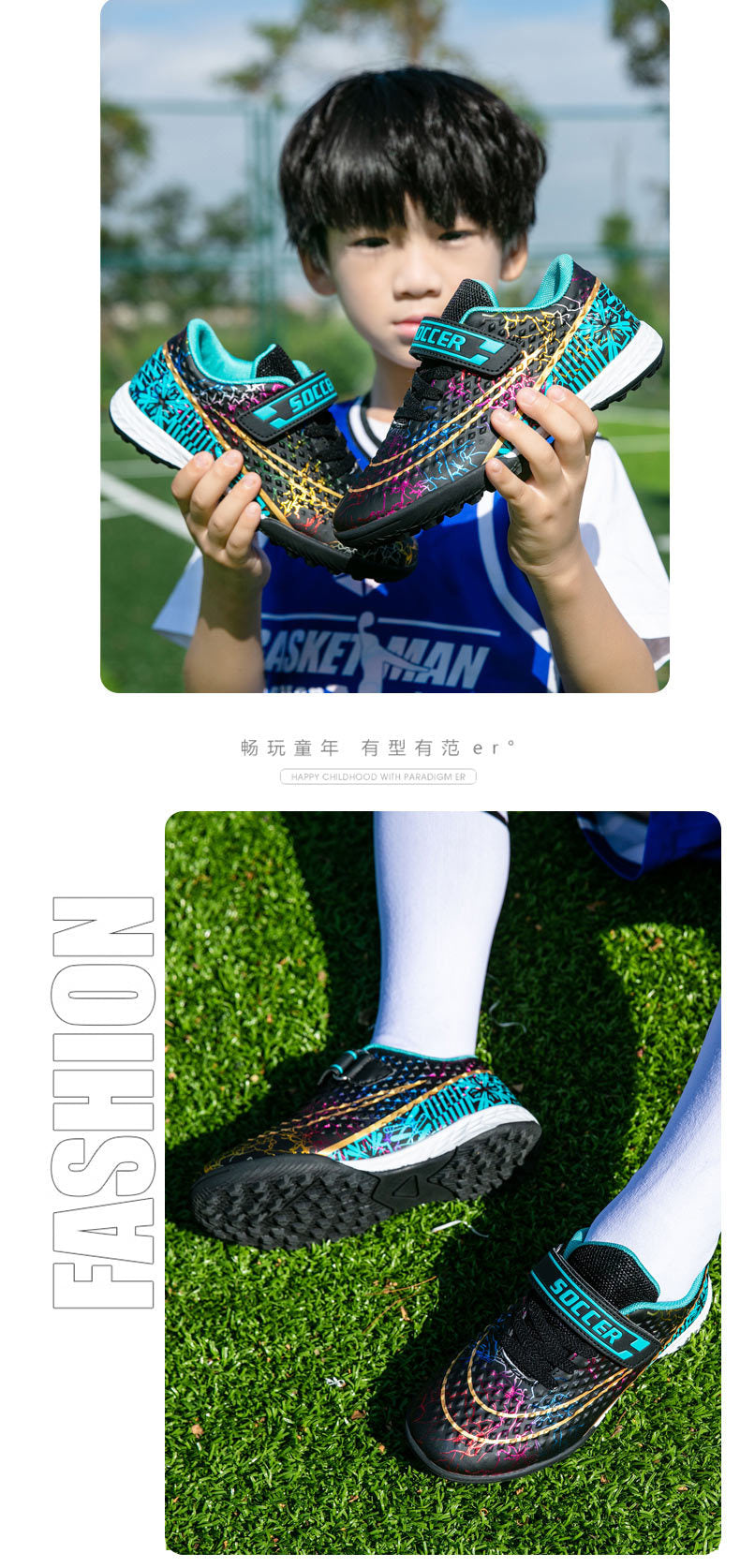 New Football Shoes for Men and Women, Children's Low-top Anti-collision Spike Magic Tape No-tie Grass Training Sports Shoes