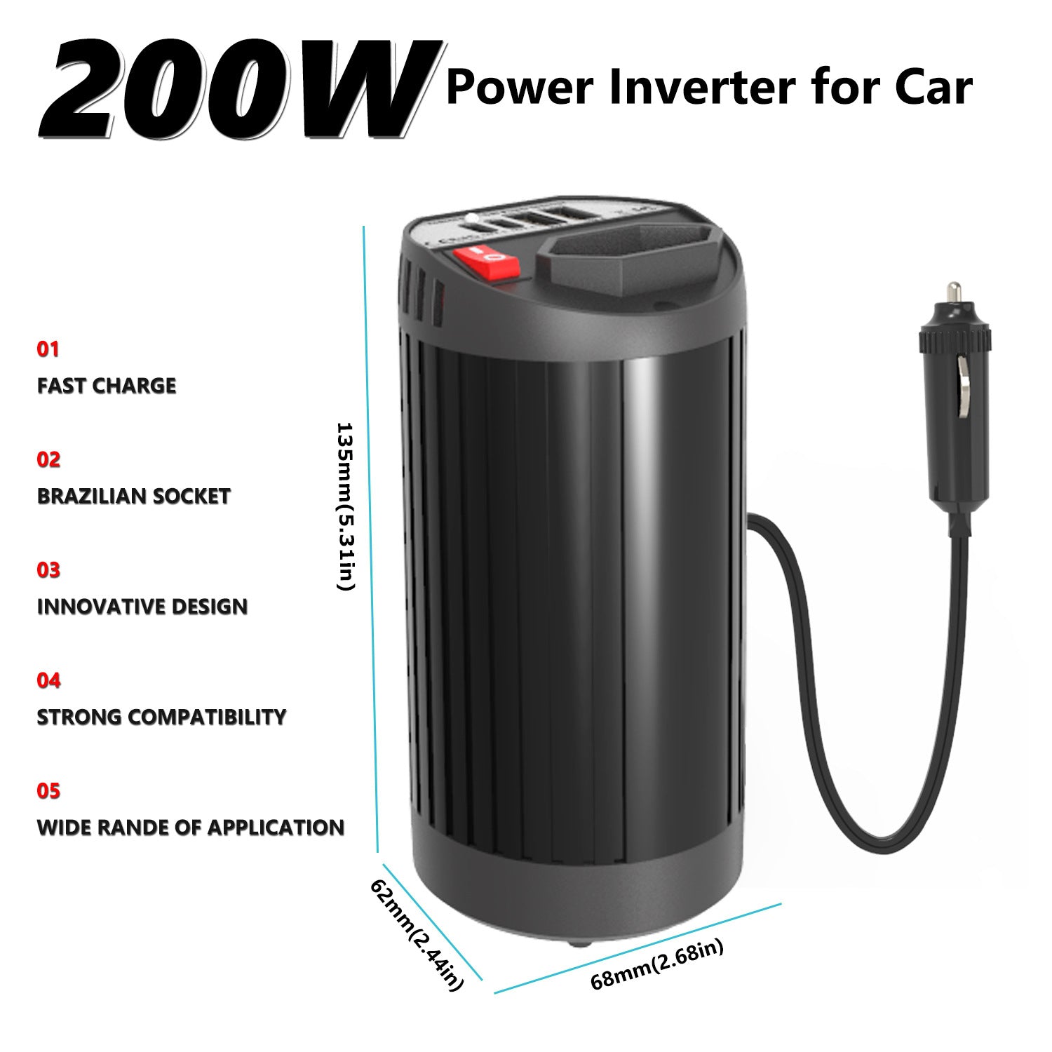 Hot Selling Car Inverter200W 12V Turn110V220V Double USB Type-C Cup Type inverter