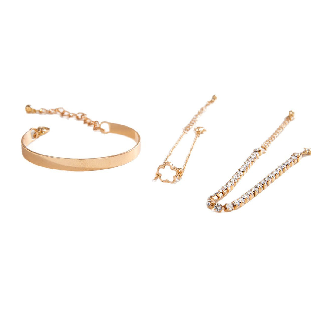 European and American Fashion Alloy Inlaid Diamond Five-Leaf Clover Bracelet Jewelry Three-Piece Set Simple Geometric Smooth Bracelet Wholesale