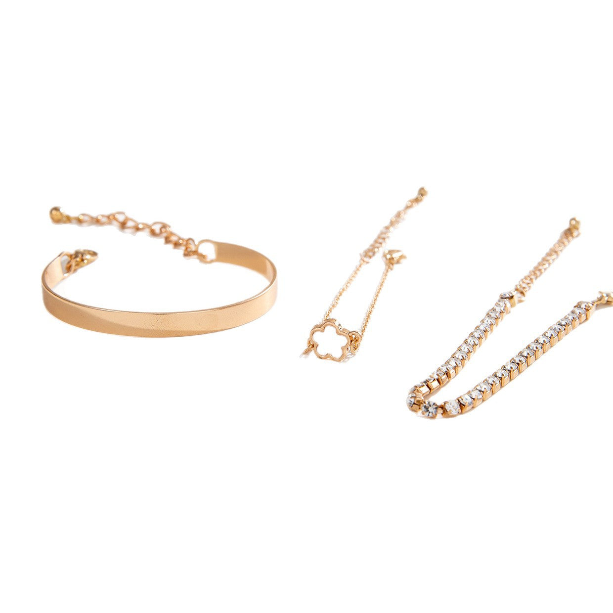 European and American Fashion Alloy Inlaid Diamond Five-Leaf Clover Bracelet Jewelry Three-Piece Set Simple Geometric Smooth Bracelet Wholesale