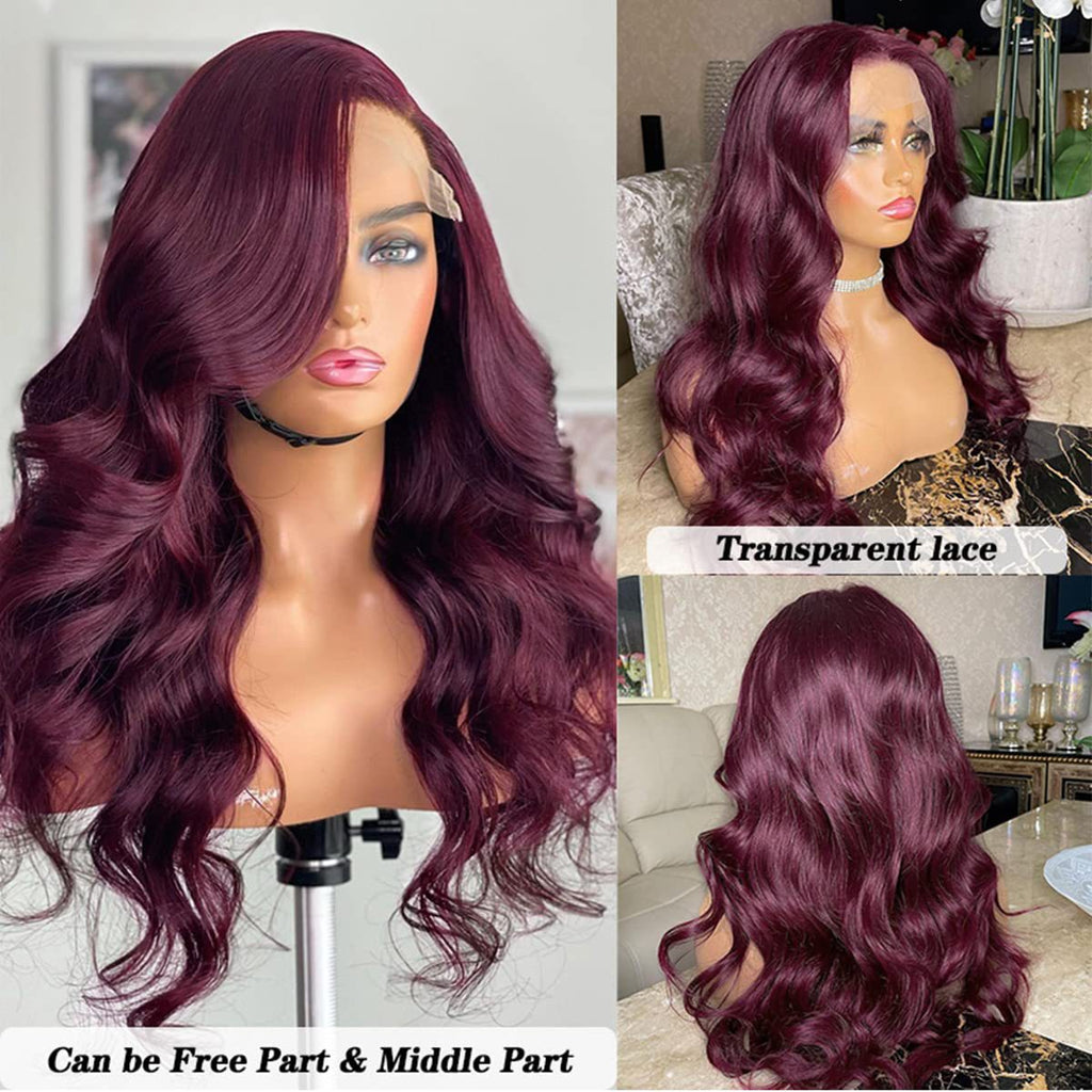 Cross-border Hot-Selling Forehead Hand-Crocheted Wine Red Wig 13*4 body wave front lace fiber w