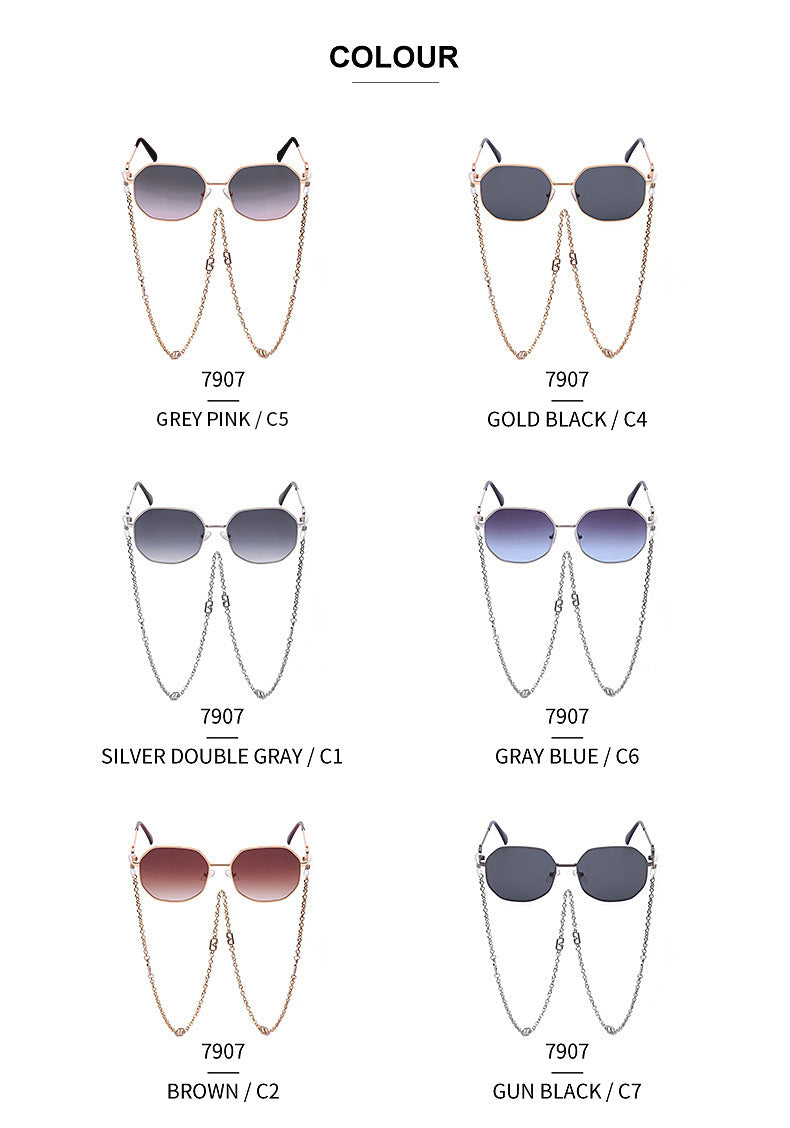 Chain Sunglasses for Women, Internet Celebrity Style, Anti-Drop Chain, Irregular Polygonal Full Frame Sunglasses for Women, Trendy
