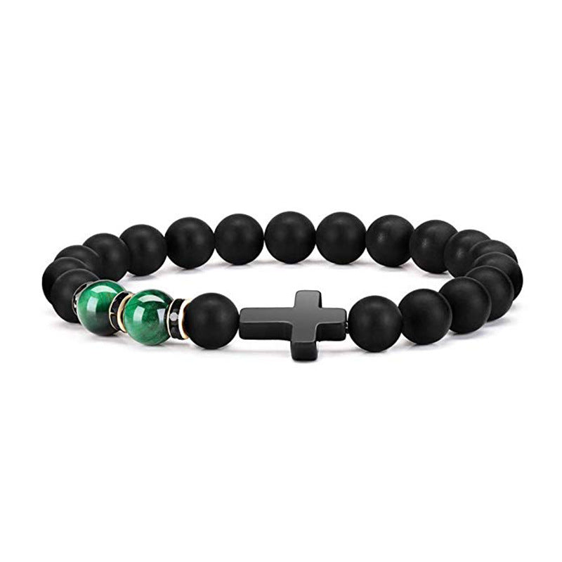 Men's Easter Bracelet Matte8mm Bead Spacer Elastic Bracelet Tiger Eye Stone Black Matte Cross Bracelet