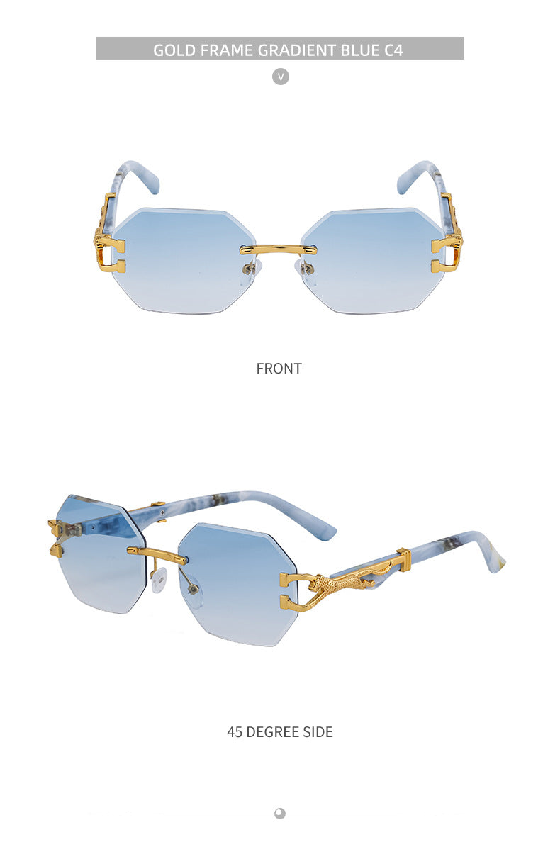 New European and American Retro Frameless Sunglasses for Men with Imitation Wood Grain Temples Wholesale Glasses shades