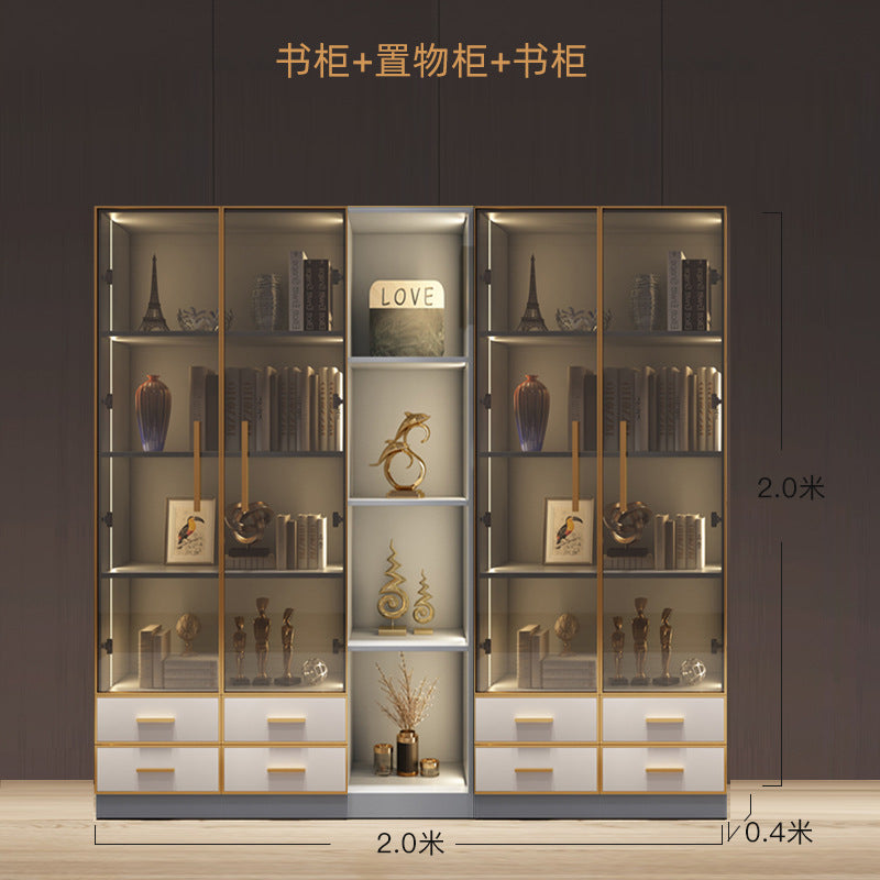 Modern Light Luxury Bookshelf Paint-Free Board Aluminum Alloy Glass Door Combination Bookshelf Wine Cabinet Simple Floor Storage Cabinet Integrated