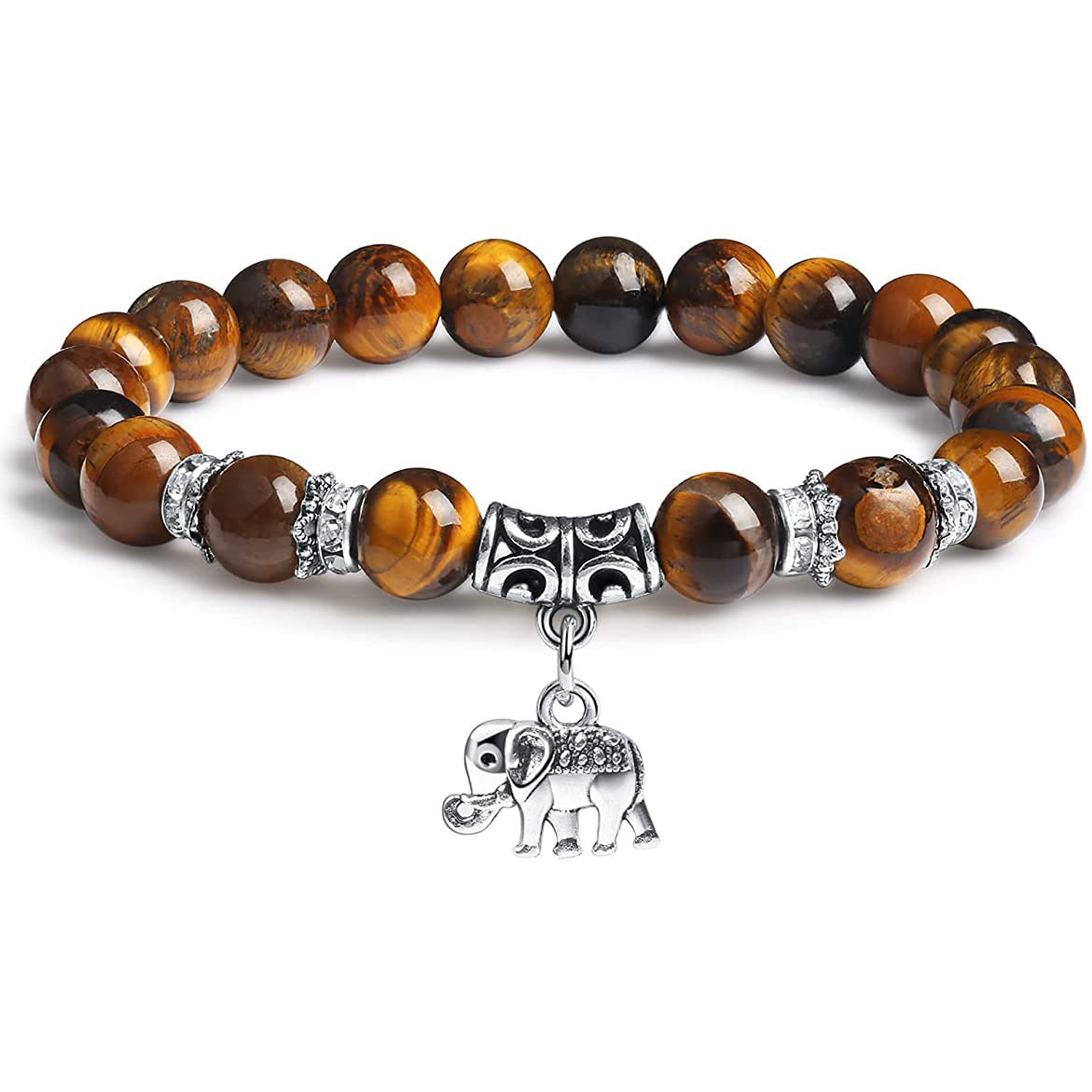 Men's White Pine Bracelet8mm Bead Spacer Tiger Eye Stone Blue Dot Natural Black Agate Elephant Pendant Bracelet