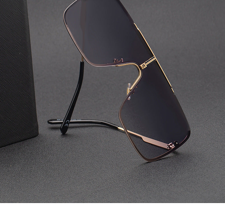 New Large Frame Sunglasses for Men Metal Frame One-piece Fashion Internet Celebrity Square Frame Glasses Trendy Sun Protection Driving Sunglasses