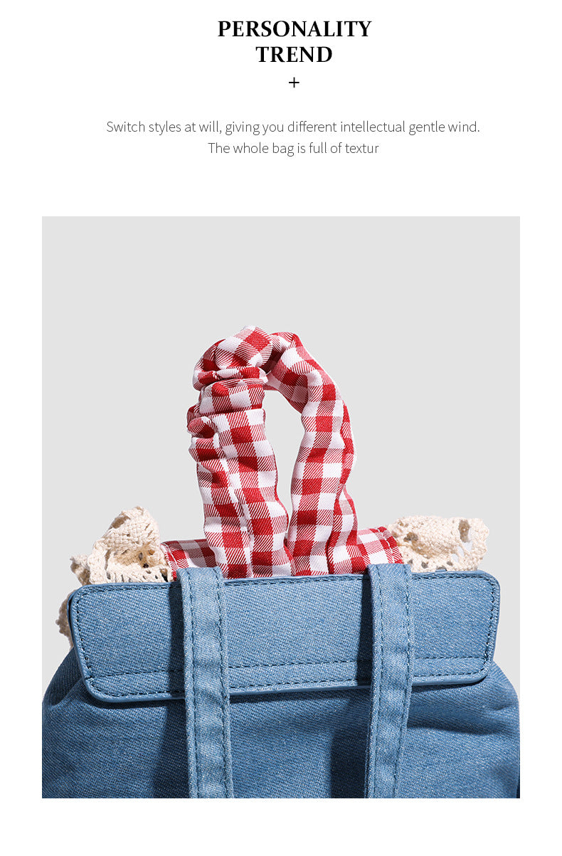 Lace trim denim backpack for women2025New Trendy Fashion Plaid Lace Backpack Handbag Shoulder Bag