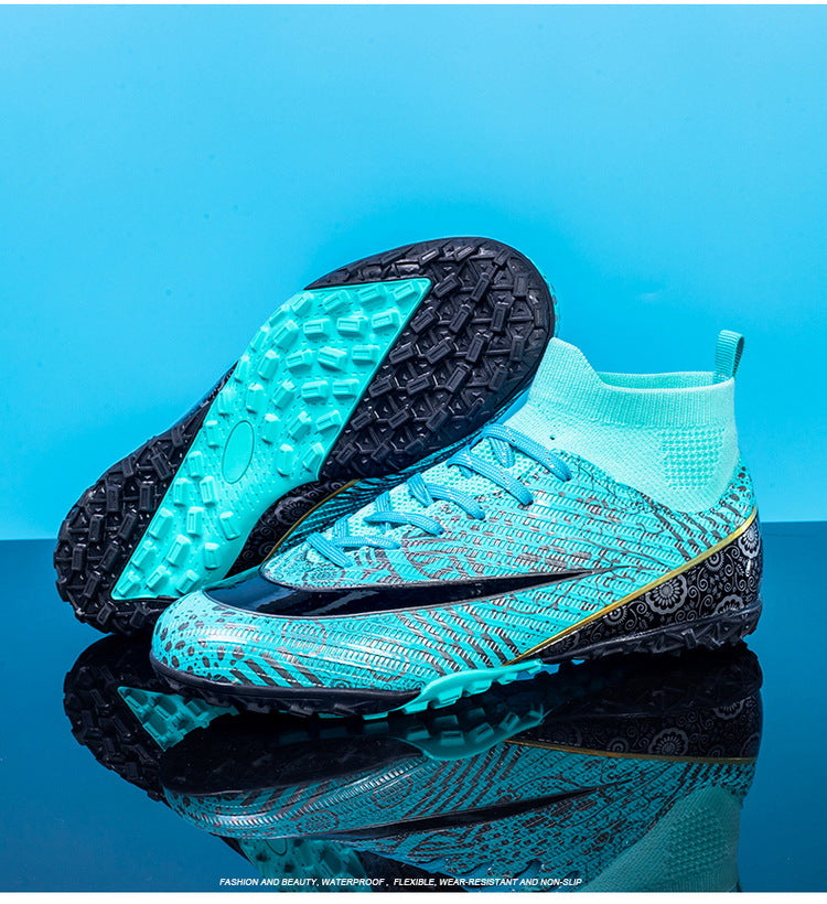 World Cup Same Style Blue and White Porcelain High-top Soccer Shoes for Men and Women, Children and Youth Competition Training Shoes