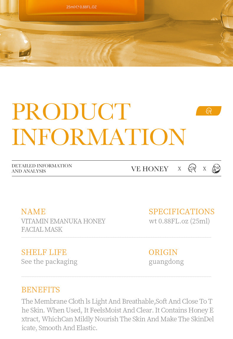 BIOAOUA Vitamin E Honey Mask Hydrating Moisturizing Repair Brightening Mask Wholesale 10 Pieces