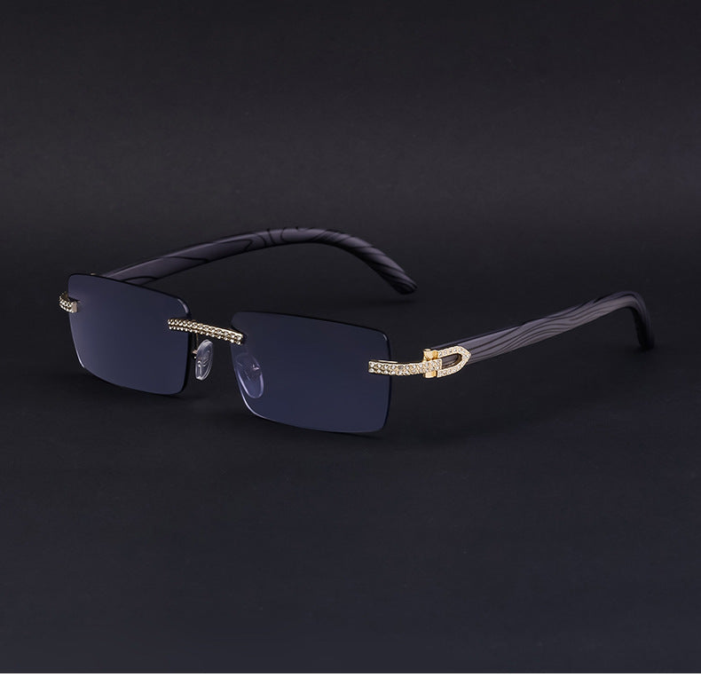 European and American Retro Frameless Men's Sunglasses with Diamond Inlay and Wood Grain Temples New Style Glasses Wholesale shades