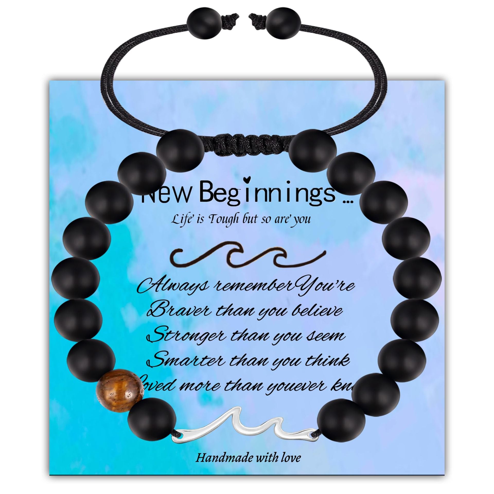 Men's Black Matte Woven Bracelet Stretchable Tiger Eye Emperor Stone Beaded Bracelet Ocean Wave Pendant Woven Bracelet