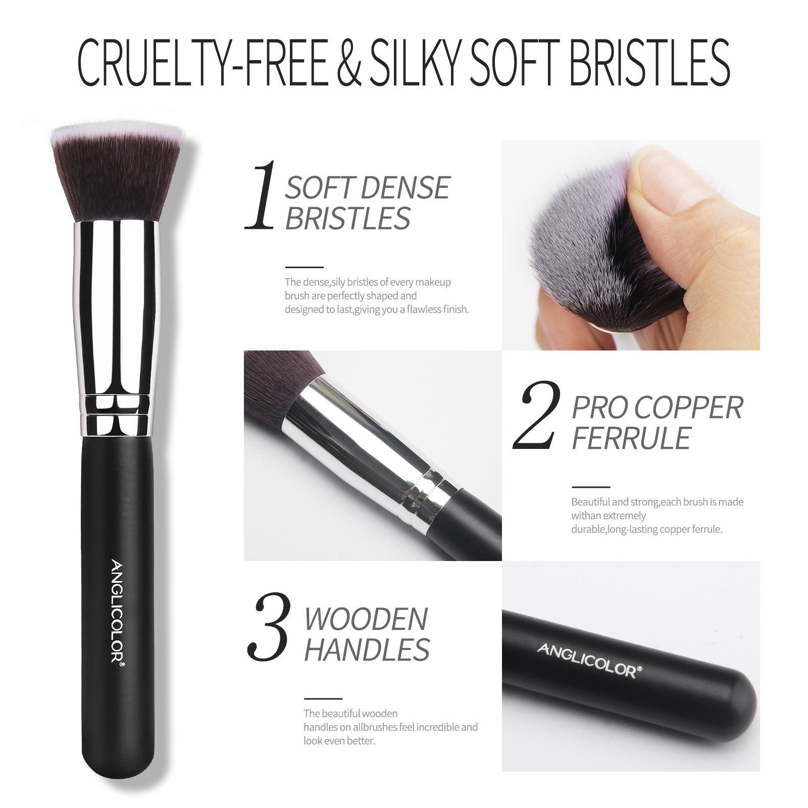 ANGLICOLOR Beauty Flat Head Foundation Brush Soft Thin Handle Makeup Brush Portable Soft Bristle Wooden Handle Beauty Brush