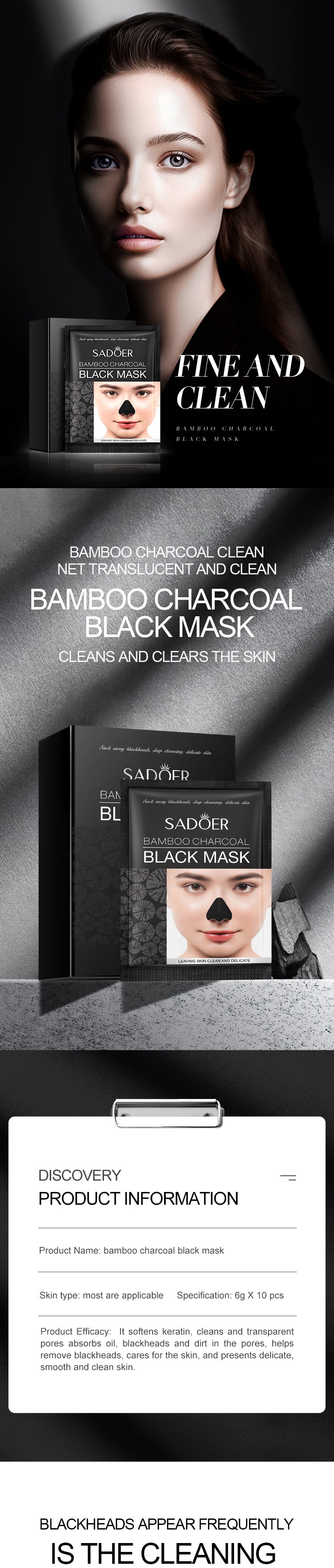 Bamboo Charcoal Blackhead Absorbing Nose Mask Patch SADOER T District Care Box Set Cross-Border Foreign Trade Live Wholesale
