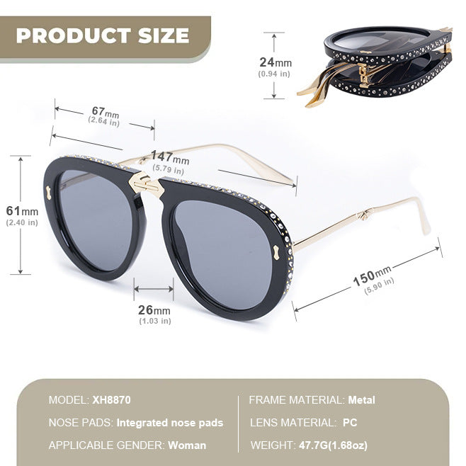 Diamond-Encrusted Foldable Sunglasses for Women Fashionable Internet Celebrity Style Sunglasses Artistic Bare-Faced Glasses Toad Glasses sunglasse