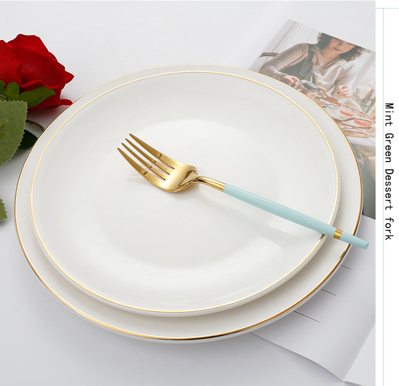 304Stainless Steel Portuguese Tableware Creative Lathe Craft Glossy Mirror Black Gold Round Spoon Dessert Spoon Fork