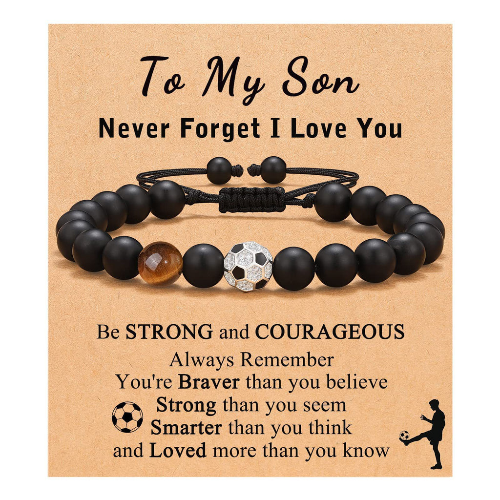 Football Beaded Bracelet to my son Gift Black Matte Coach Bracelet Tiger Eye Stone Baseball Woven Bracelet