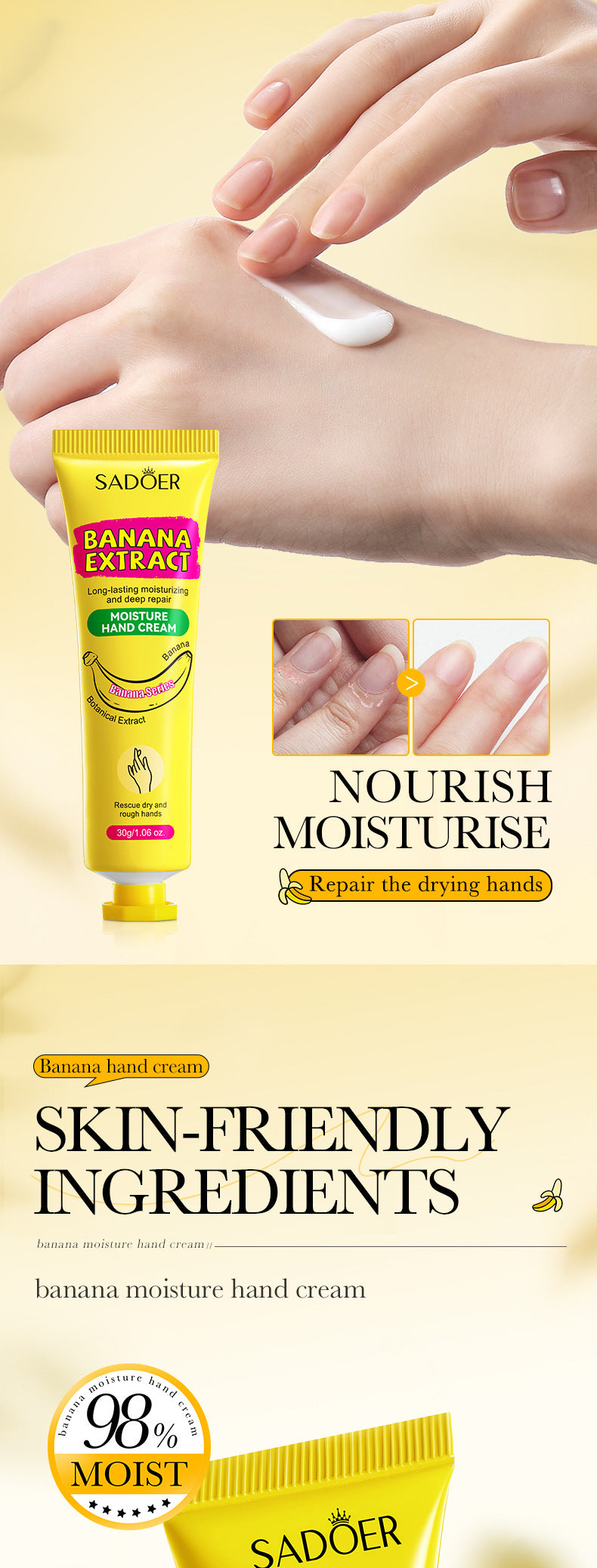 Full English Banana Hydrating Hand Cream30g SADOER Moisturizing and anti-chapped autumn and winter hand cream  wholesale