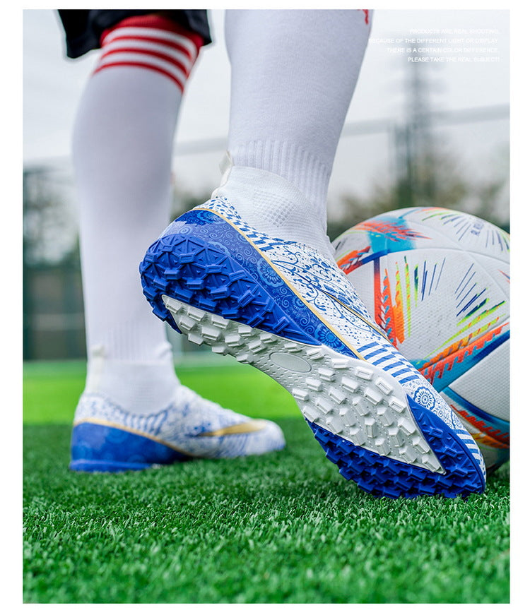 World Cup Same Style Blue and White Porcelain High-top Soccer Shoes for Men and Women, Children and Youth Competition Training Shoes