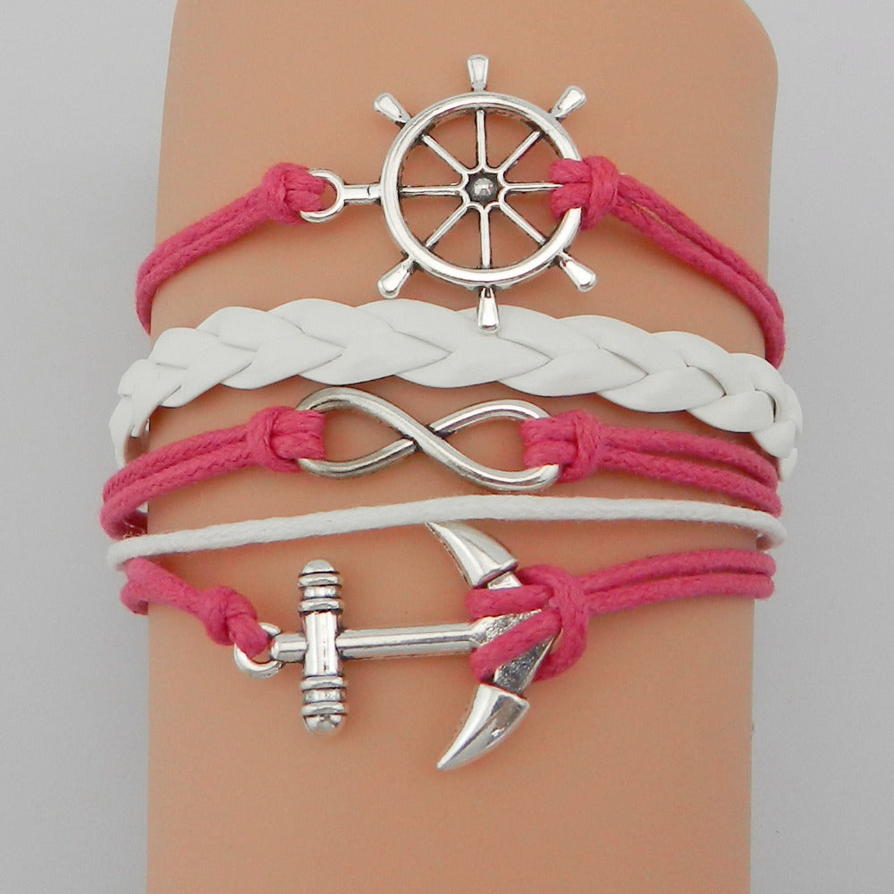 Vintage Anchor Multi-layer Braided Bracelet Owl Cross Bracelet Men's Layered Handmade Braided Leather Bracelet