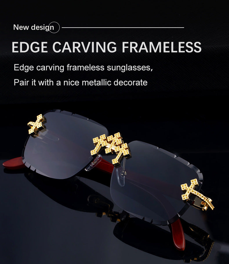 2025New European and American Retro Frameless Sunglasses for Men with Diamond Cut Edge and Imitation Wood Grain Temples Wholesale