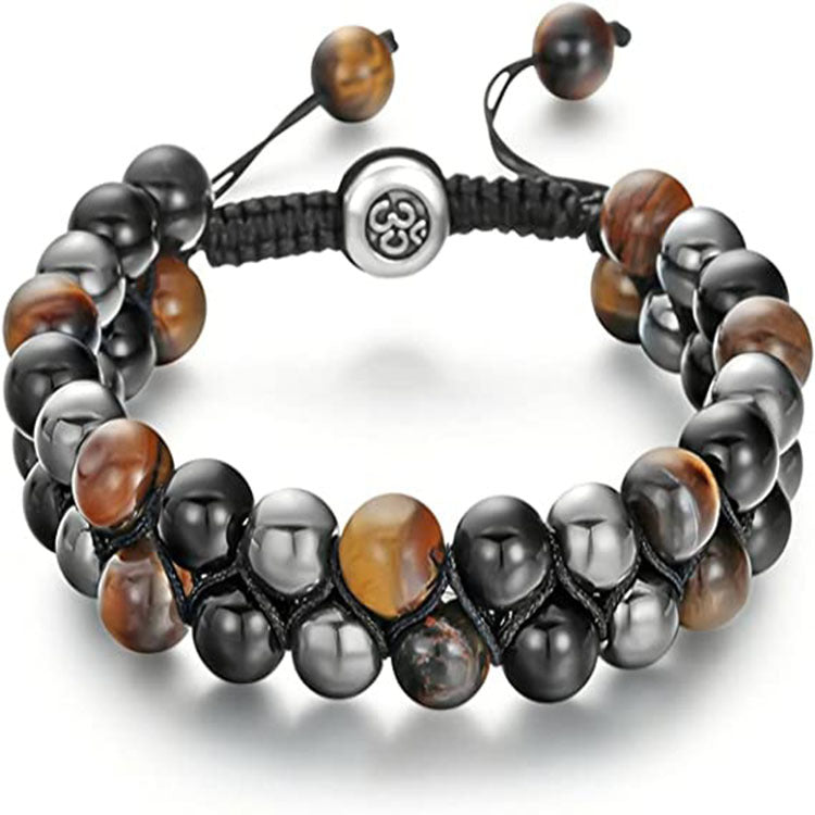 Men's Double Layer Braided Bracelet with Shiny Magnetic Stone Natural Stone Tiger Eye Double Row Braided Bracelet