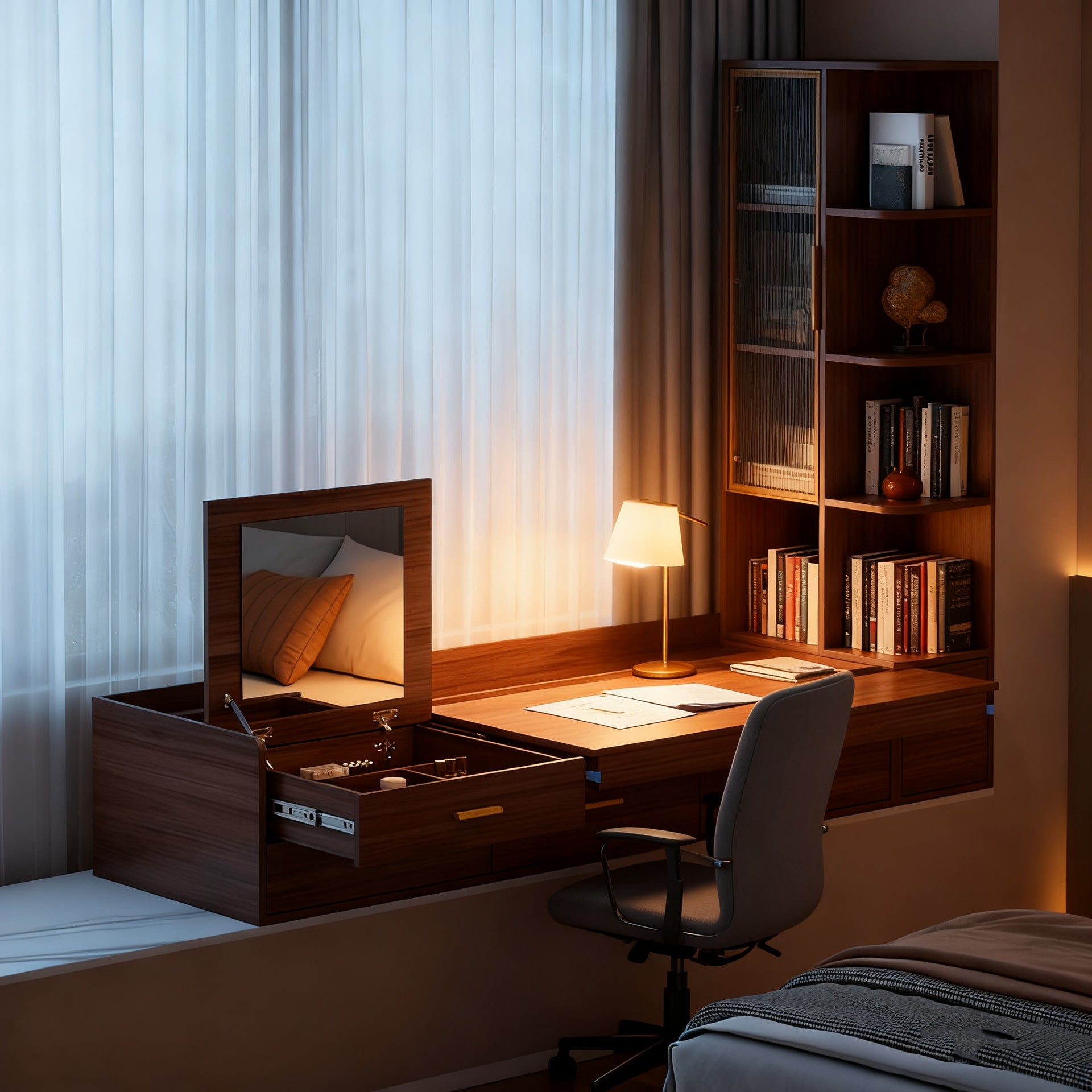 Full House Aluminum Alloy Bay Window Cabinet Computer Desk Push-Pull Extendable Desk Bedroom Balcony Makeup Desk Book Integrated Cabinet