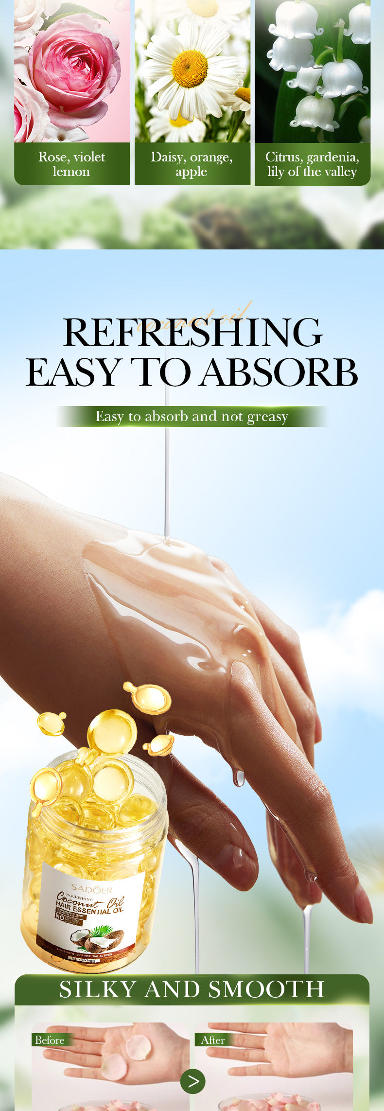 Full English Coconut Oil Smooth Conditioner SADOER Nourishing and Smooth Hair Care Essential Oil Capsules  Wholesale