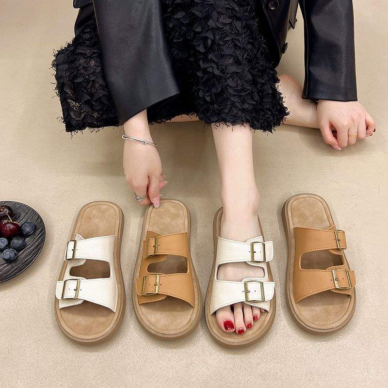 Cowhide Boken Slippers Women's Anti-Slip Soft Bottom2025New summer outer wear French flat beach shoes
