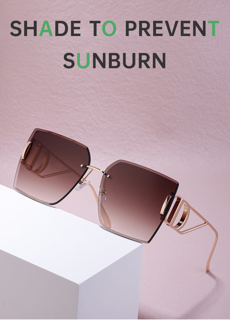 New European and American Fashion Diamond Cut Edge Rimless Sunglasses for Women Trendy Hollow Temple Large Frame Sunglasses Women's Glasses