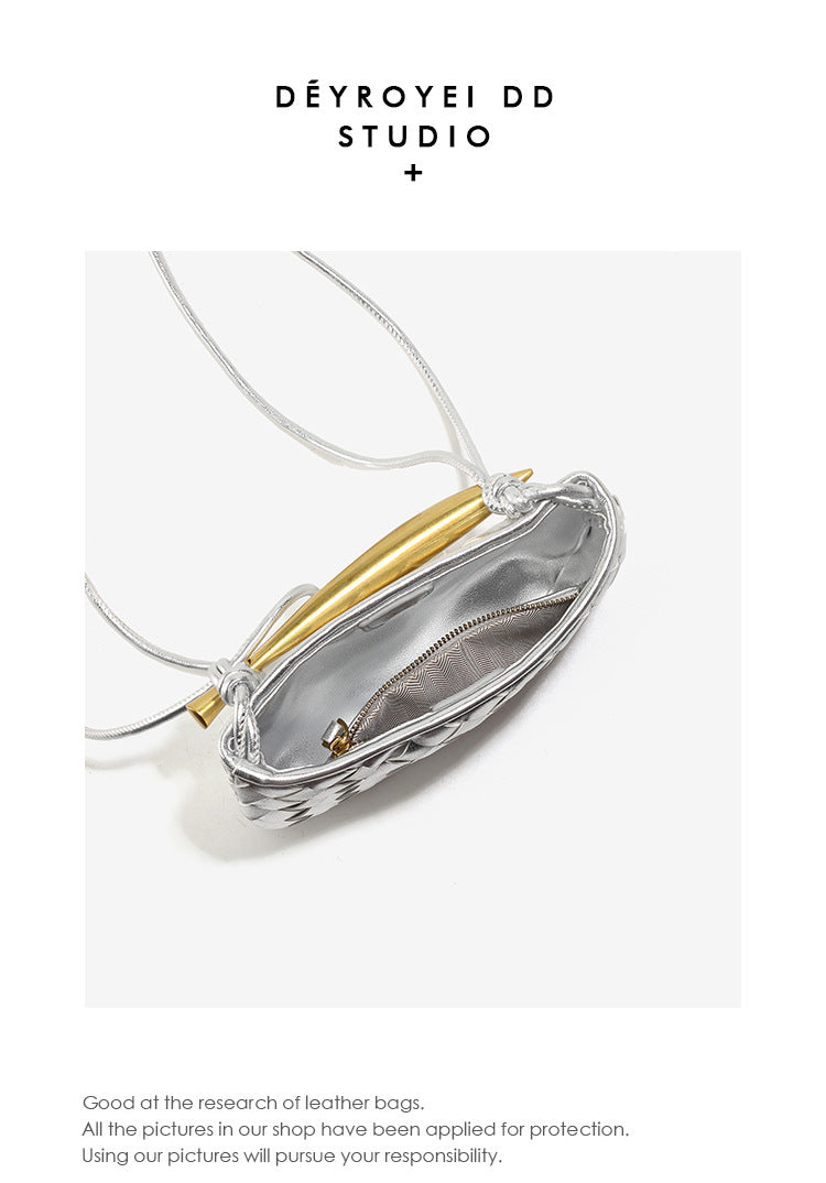 European and American Handmade Woven Bag Sardine Bag Niche Design Dumpling Bag Women's Metal Handbag Shoulder Bag Crescent Bag