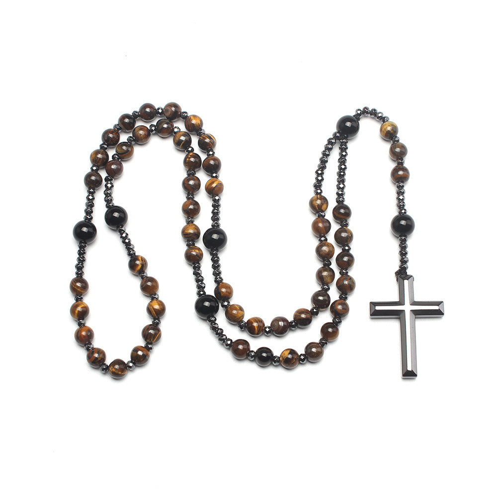 Men's Matte Stone Braided Rope Cross Necklace Natural Stone Beaded Long Necklace Tiger Eye Stone Cross Necklace