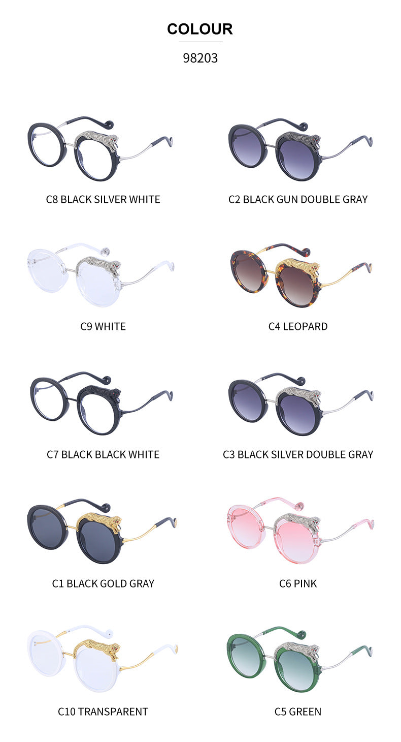 2025New Anti-Blue Light Glasses for Women Leopard Head Diamond-Studded European and American Round Frame Sunglasses Trendy Large Frame Sunglasses High-End Feel
