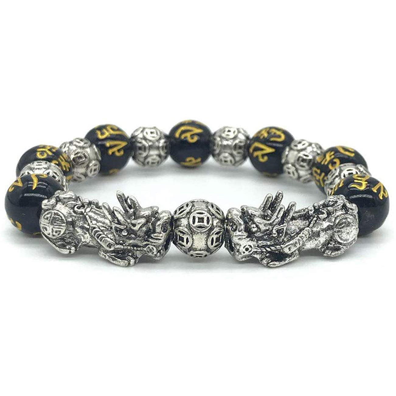 Imitation Obsidian silver Pixiu Bracelet for Women, Wealth-Attracting and Blessing Multi-Gem Bracelet with Six-Word Mantra Buddhist Beads Pixiu Bracelet