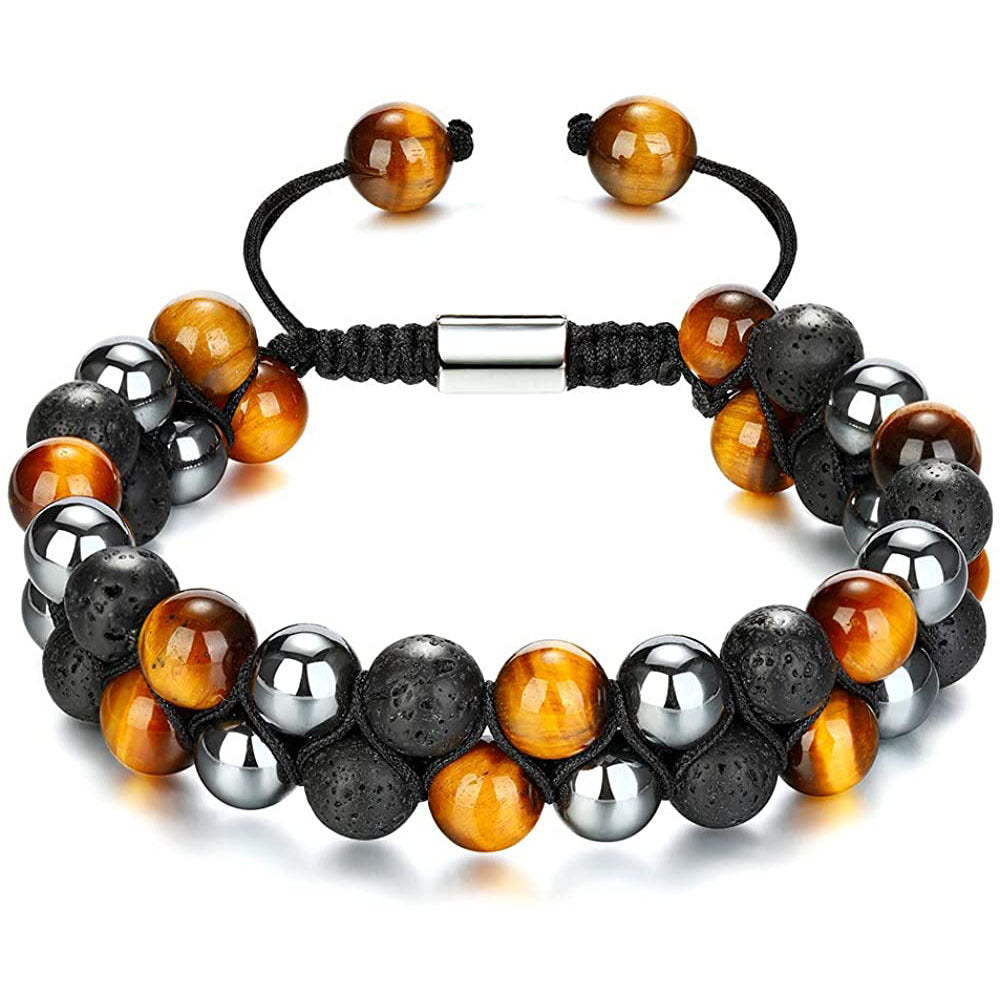 Men's Volcanic Tiger Eye Stone Double Layer Braided Bracelet Lapis Lazuli Agate Beaded Volcanic Black Gallstone Double Row Braided Bracelet