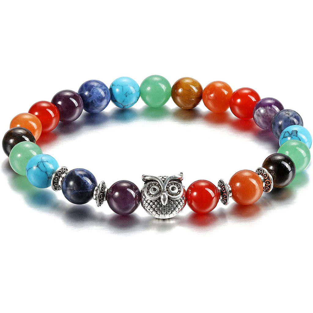 Colorful Tiger Eye Owl Bracelet Natural Stone8mm Bead Spacer Bracelet Volcanic Pink Crystal Owl Bracelet